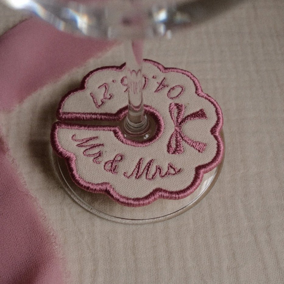 Pink personalised wine glass charm with custom initials and date