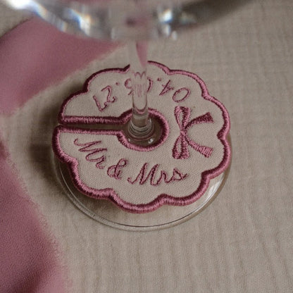 Pink personalised wine glass charm with custom initials and date