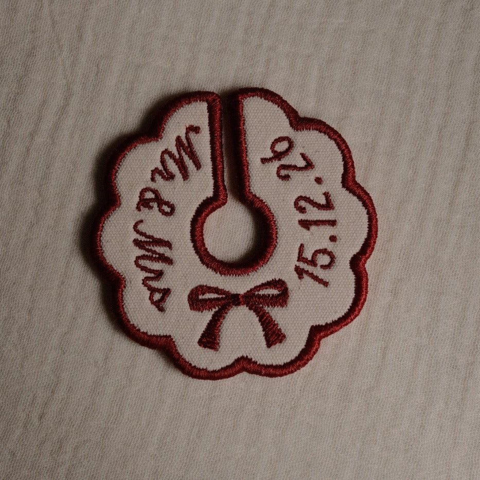 Burgundy embroidered wedding wine stem tag with personalised date and initials