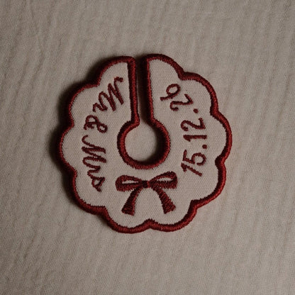 Burgundy embroidered wedding wine stem tag with personalised date and initials