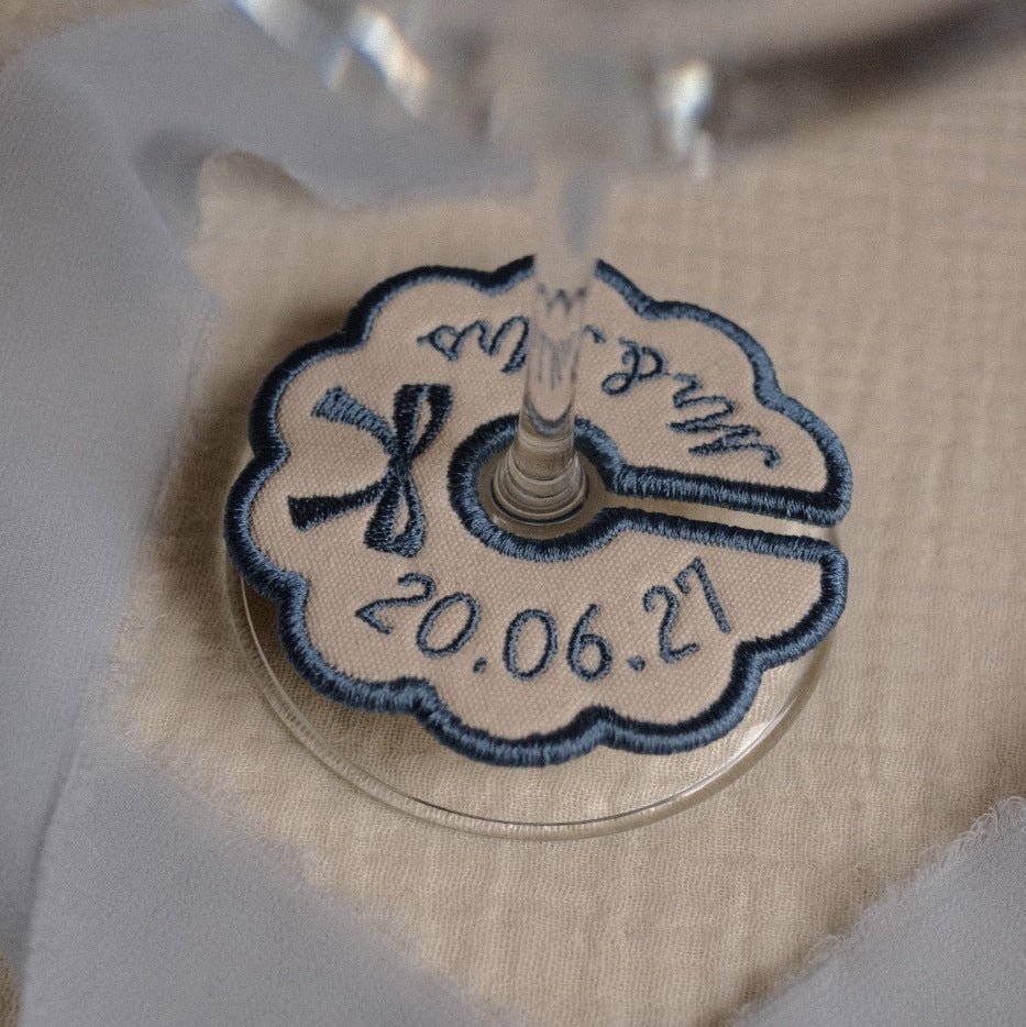 Blue floral custom wine glass tag embroidered for wedding table decor