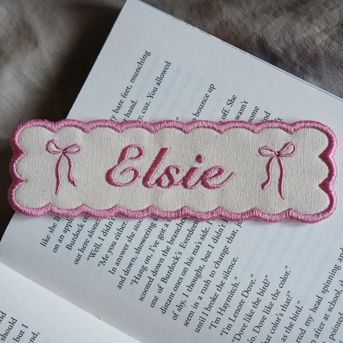 Custom embroidered name bookmark in rose.
